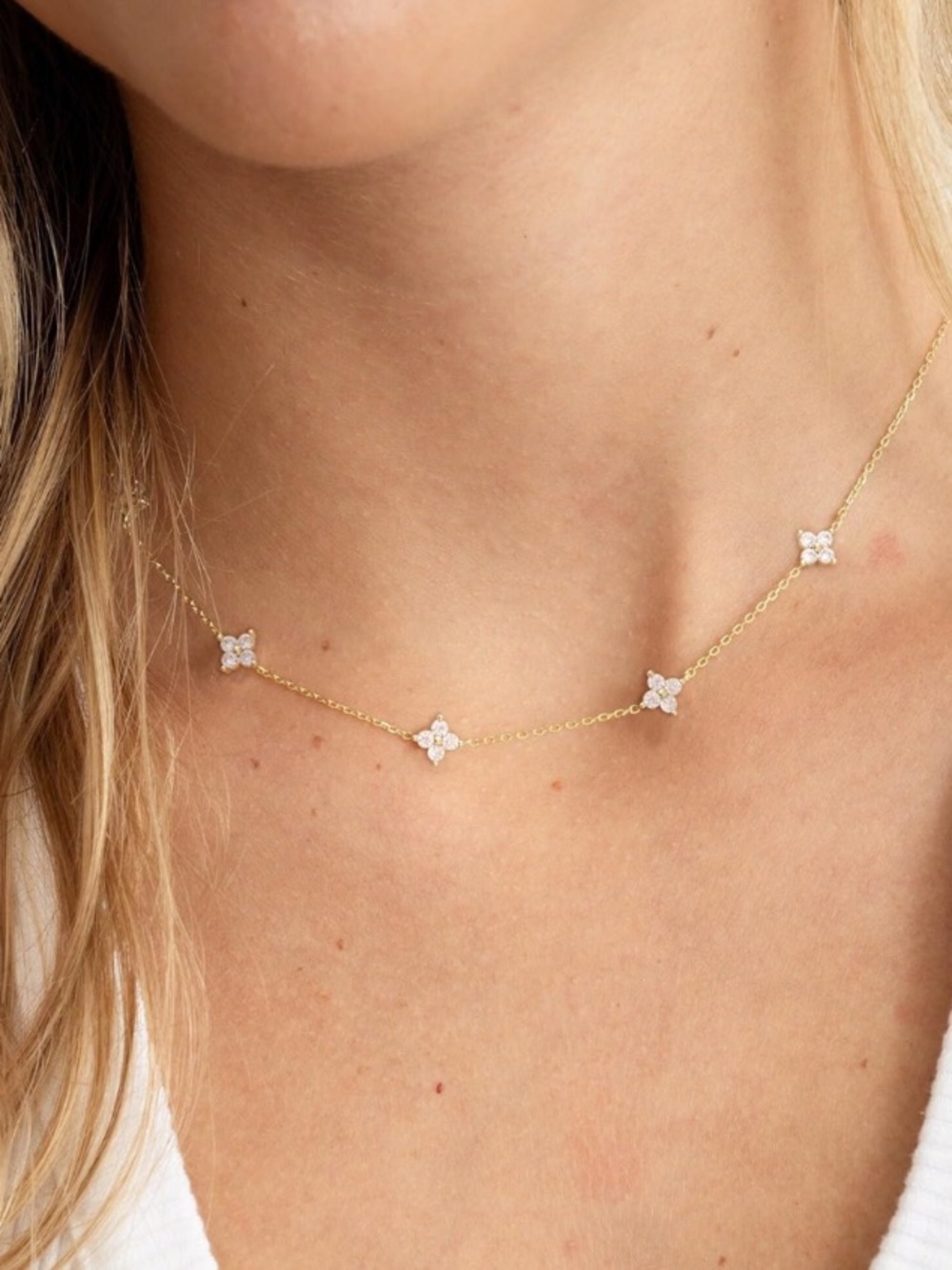 Delicate Gold Clover Station Necklace with White Stones